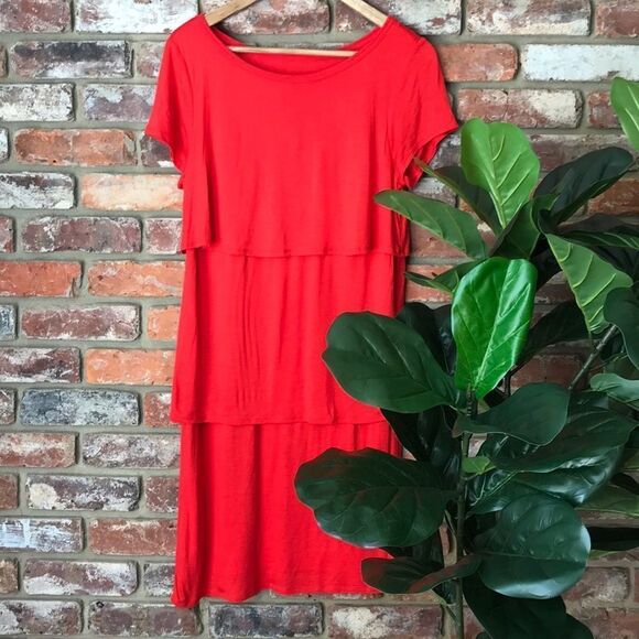 Ann Taylor Small Red Orange Ruffle Layers Short Sleeve Tee Shirt Dress Vibrant T - Picture 6 of 6